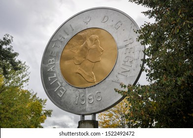 Campbellford, Ontario, Canada - September 29, 2019: Amazing Giant Toonie Monument At Old Mill Park In Campbellford.