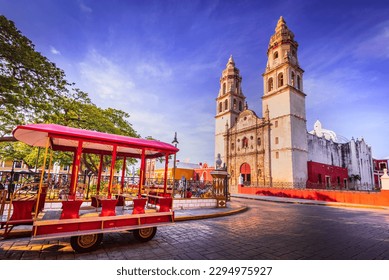 Campeche, Mexico. Independence Plaza is a picturesque public square featuring colorful colonial buildings, Yucatan Peninsula.