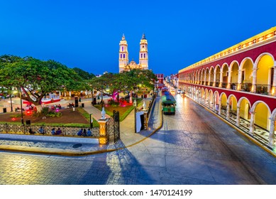 Campeche, Mexico, Independence Plaza, tourist trains and Conception Cathedral. Old Town of San Francisco de Campeche