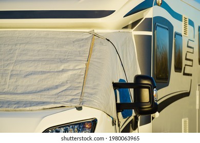 Camper With External Thermal Screen Blind At Window Pane, Front Windscreen Of The Car. Camping On Nature. Holidays And Travel In Motor Home.