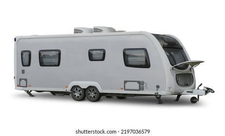 Camper house, Camper van caravan camping mobile trailer truck family picnic activity isolated on white background. This has clipping path.