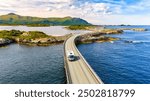 Camper motorhome Explore the stunning Atlantic Road in Norway, breathtaking scenic coastal route that connects several idyllic islands, offering stunning ocean view and captivating landscapes to enjoy