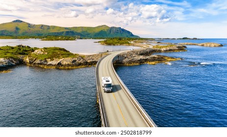 Camper motorhome Explore the stunning Atlantic Road in Norway, breathtaking scenic coastal route that connects several idyllic islands, offering stunning ocean view and captivating landscapes to enjoy - Powered by Shutterstock