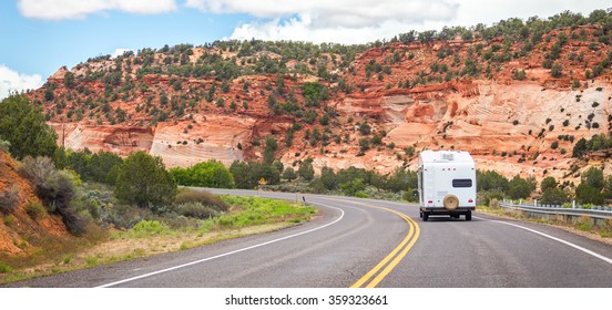 Camper On The Road To Bryce Canyon, USA, Motorhome Trailer