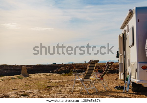 Camper Recreational Vehicle Chairs On Mediterranean Stock Photo