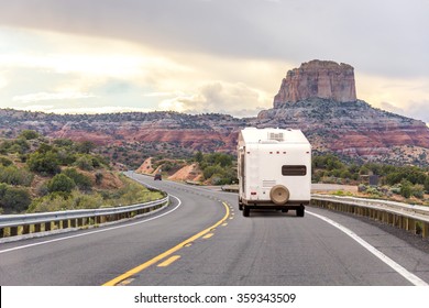 Camper Trailer On Highway In USA, Road Trip In Motorhome