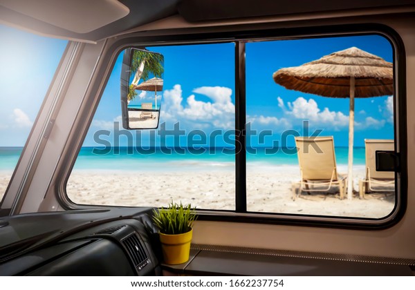 Camper travel in\
summer time.Car interior\
home