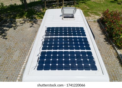 Camper van solar roof panels with skylight top view Motorhome