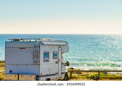 Camper Vehicle Rv Camping On Beach Sea Shore. Spain Murcia Region, Calblanque Regional Park.