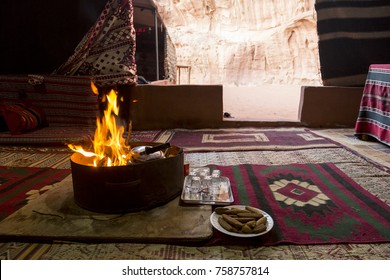 Campfire In A Bedouin Tent In The Wadi Rum Desert, Jordan