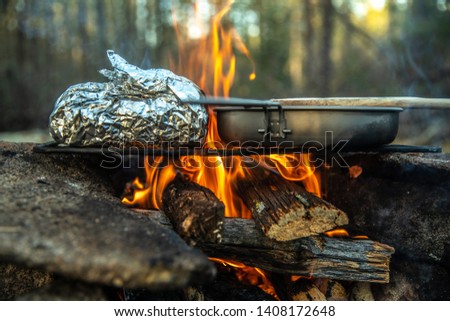 Campfire cooking over the coals in the wilderness, baked potato over the fire