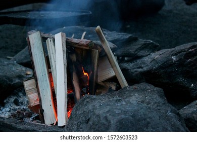 A campfire in the evening. 