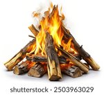 Campfire isolated on white background. Closeup of a pile of firewood burning with orange and yellow flames