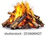 Campfire isolated on white background. Closeup of a pile of firewood burning with orange and yellow flames