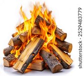 Campfire isolated on white background. Close-up of a pile of firewood burning with orange and yellow flames