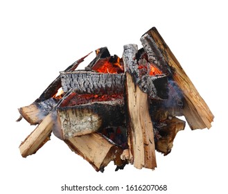 Campfire isolated on white background. Closeup of pile of birch firewood burning with orange flames.