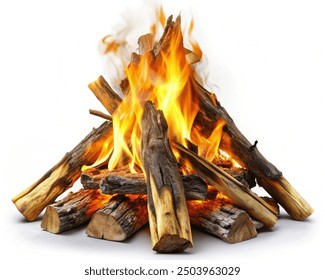 Campfire isolated on white background. Closeup of a pile of firewood burning with orange and yellow flames - Powered by Shutterstock