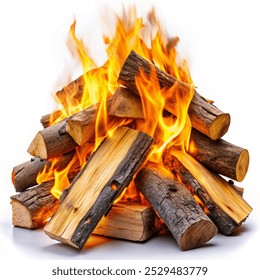 Campfire isolated on white background. Close-up of a pile of firewood burning with orange and yellow flames - Powered by Shutterstock