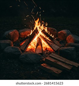 Campfire while camping at night