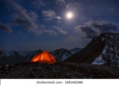 Campground In A Romantic Moonlit Night In The Highlands