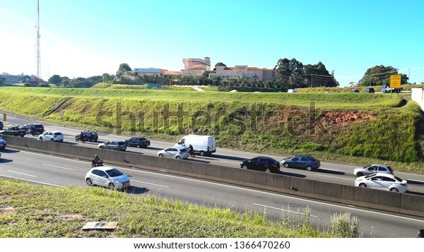 CAMPINAS, BRAZIL - APRIL 05,\
2019: Santos Dumont Highway in Campinas, is near Campinas Shopping,\
and leads to Vero Cupola Airport, also near downtown, Sao Paulo\
Brazil.