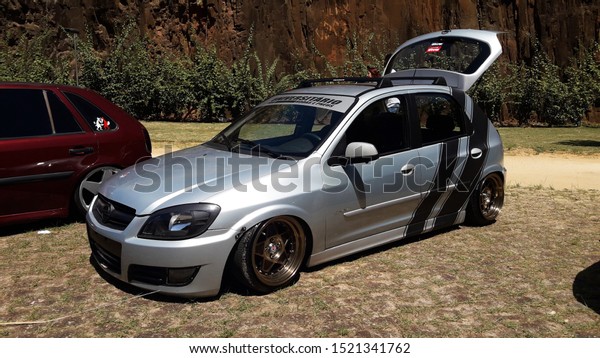 CAMPINAS,\
BRAZIL-OCTOBER 02, 2019: Meeting of lowered, new and used cars\
showing the best worked and modified cars of the state of São\
Paulo, at Chapadão Quarry in Campinas\
Brazil