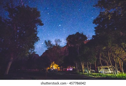 Camping In Campground Area At Night With Star On The Sky In National Park Campground.