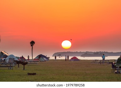 Camping Car In Recreation Site At Sunrise