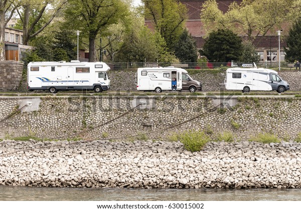 Camping car camping van alongside the rhein\
river by Dusseldorf Germany April\
2017