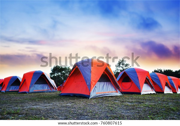 Camping Colorful Tents On Top Mountain Objects Stock Image