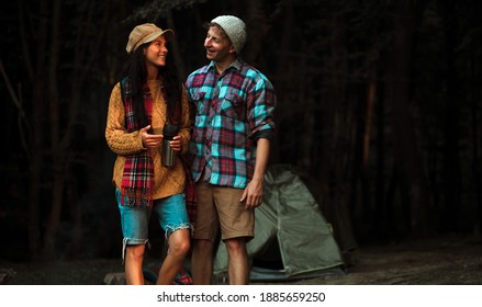 Camping Couple. Love Story. Man And Woman Nature. Photo. Forest. Romantic. 