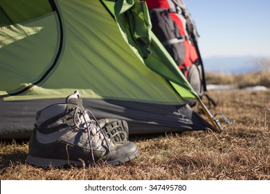 Camping Equipment In The Mountains.