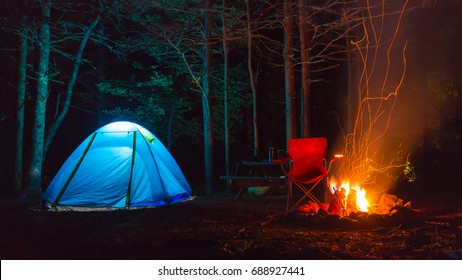 Camping With A Fire  At Acadia National Park, Maine