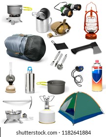 Camping Gear Collage On White Background