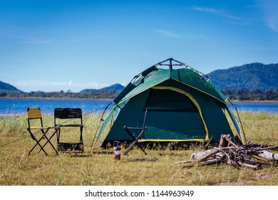 Camping Green Tent Near Lake, No People