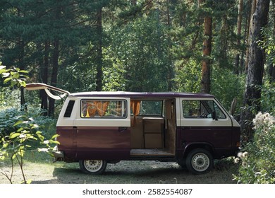 camping in a minivan in the forest