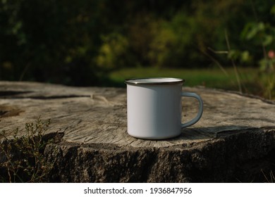 Camping In Nature, Tea From A Metal Cup