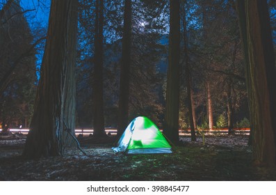 Camping At Night On Full Moon Day In Campground Area In National Park,usa.