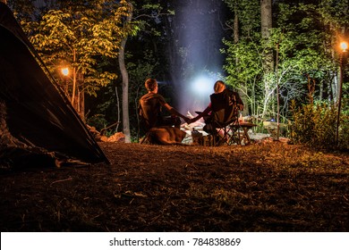 Camping At Night In The Woods: Sitting Around The Campfire At Night: Summer 2017 Ontario Canada