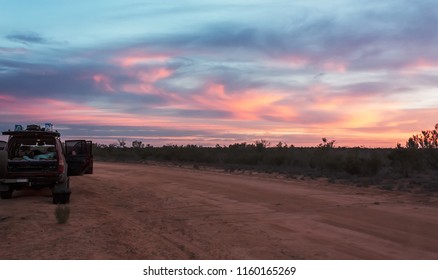 Camping With Off Road 4wd Van In Sunset, Outback Australia