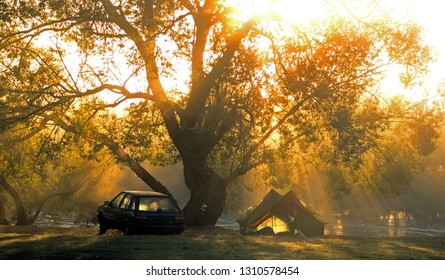 Camping On The Banks Of The Macquarie River, Tasmania, Australia.
