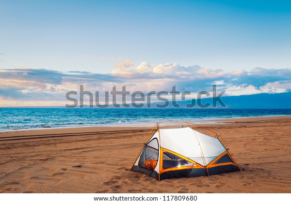 Camping On Beach Sunset Stock Photo (Edit Now) 117809680