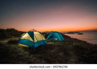 Camping On Mountain Top, Enjoy View Of Sunrise At Yuk Kwai Shan (Mount Johnson) Located In Ap Lei Chau,Hong Kong.