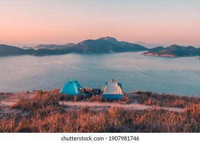 Camping On Mountain Top, Enjoy View Of Sunrise At Yuk Kwai Shan (Mount Johnson) Located In Ap Lei Chau,Hong Kong.