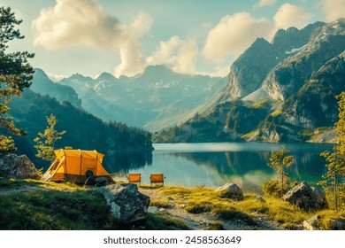 Camping on the shore of a lake in the mountains - Powered by Shutterstock