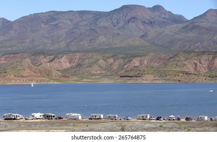 Camping on shores of Roosevelt Lake in Arizona, USA - Shutterstock ID 265764875