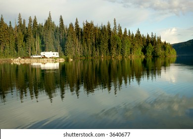 Camping With RV Trailer On Meziadin Lake, British Columbia, Canada