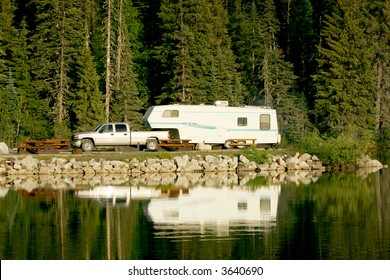 Camping With RV Trailer On Meziadin Lake, British Columbia, Canada