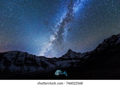 Camping site below the Milky way galaxy and mountain in the Everest region of the Himalayas.  