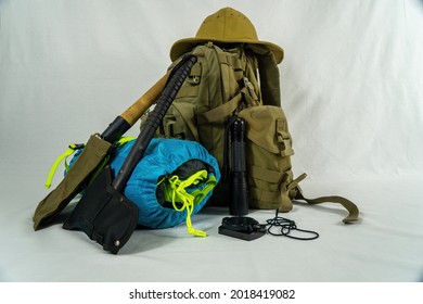 Camping Supplies - Tactical Backpack, Infantry Shovel, Tomahawk Ax, Tent, Compass, Flashlight, Wide-brimmed Hat And Personal Water Bottle